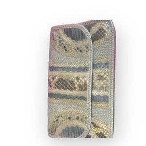 Cream and Gray Textured Clutch with Metallic Clasp